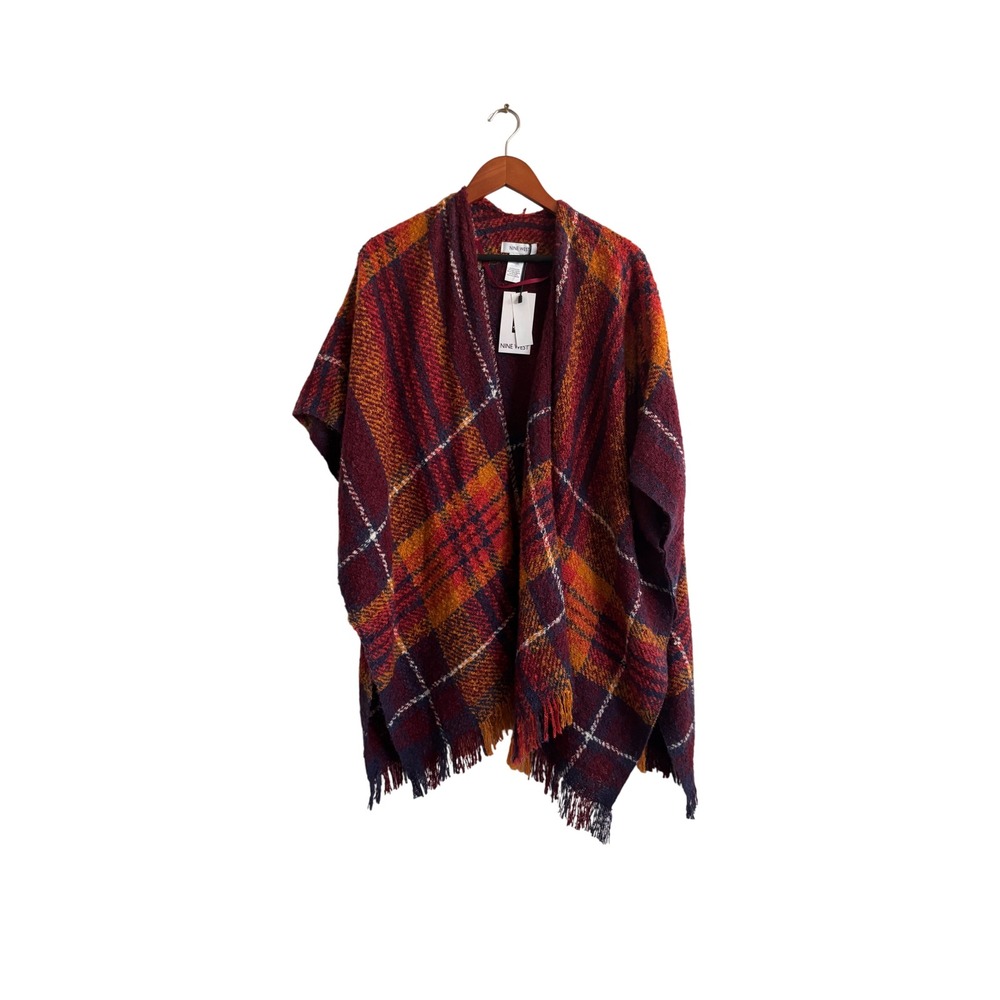 Nine West Plaid Fringe Poncho Cape Scarf Wrap‎ Burgundy Orange Women One Size